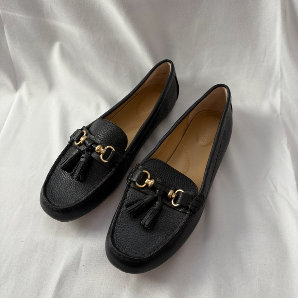 Talbots Black Leather Loafers with Gold Detailing